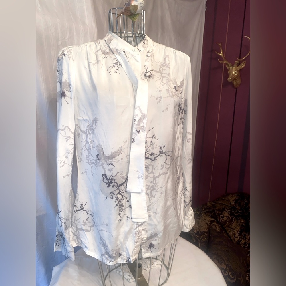 All Saints Secretary Blouse with Japanese print and tie detail, Size Small